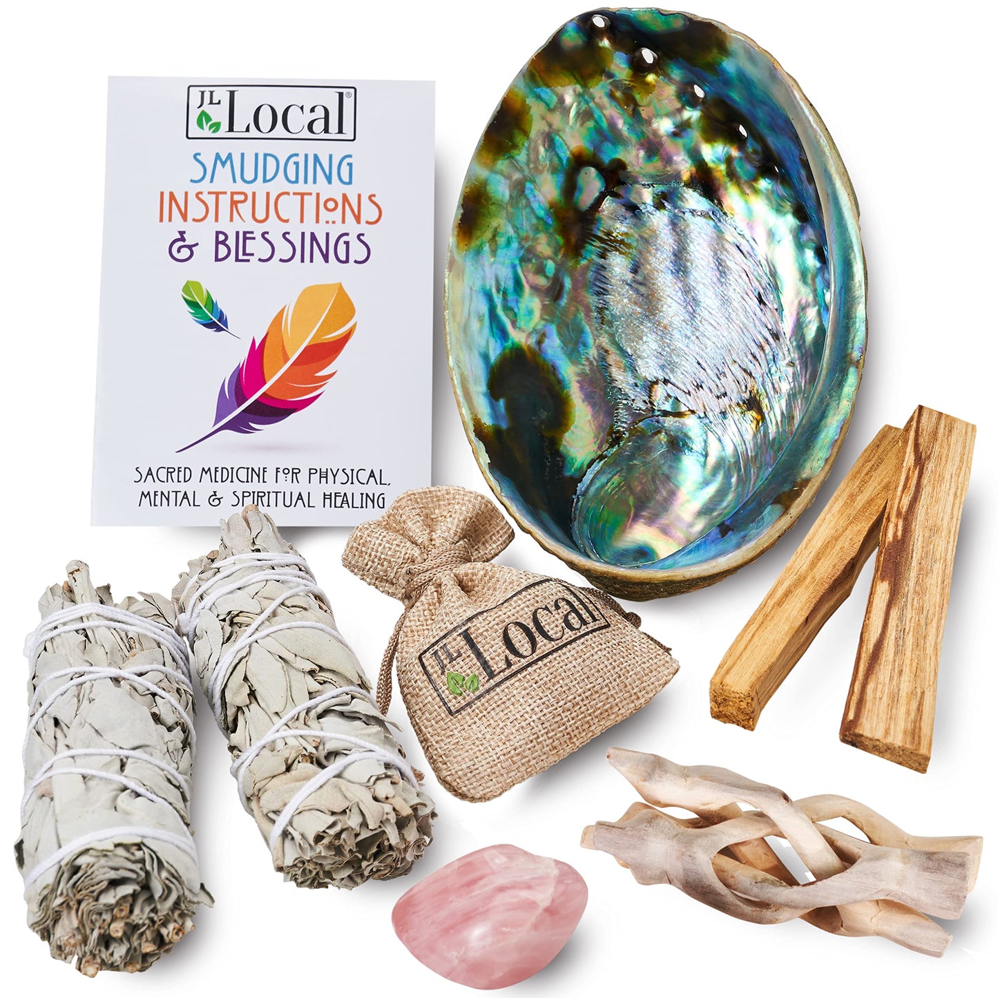 JL Local Perfect Unity Smudging Kit - 2 White Sage Smudge Sticks + 2 Palo Santo Sticks + Abalone Shell Bowl + Rose Quartz Crystal | Healing Incense for Cleansing, Blessing, Protection, Meditation