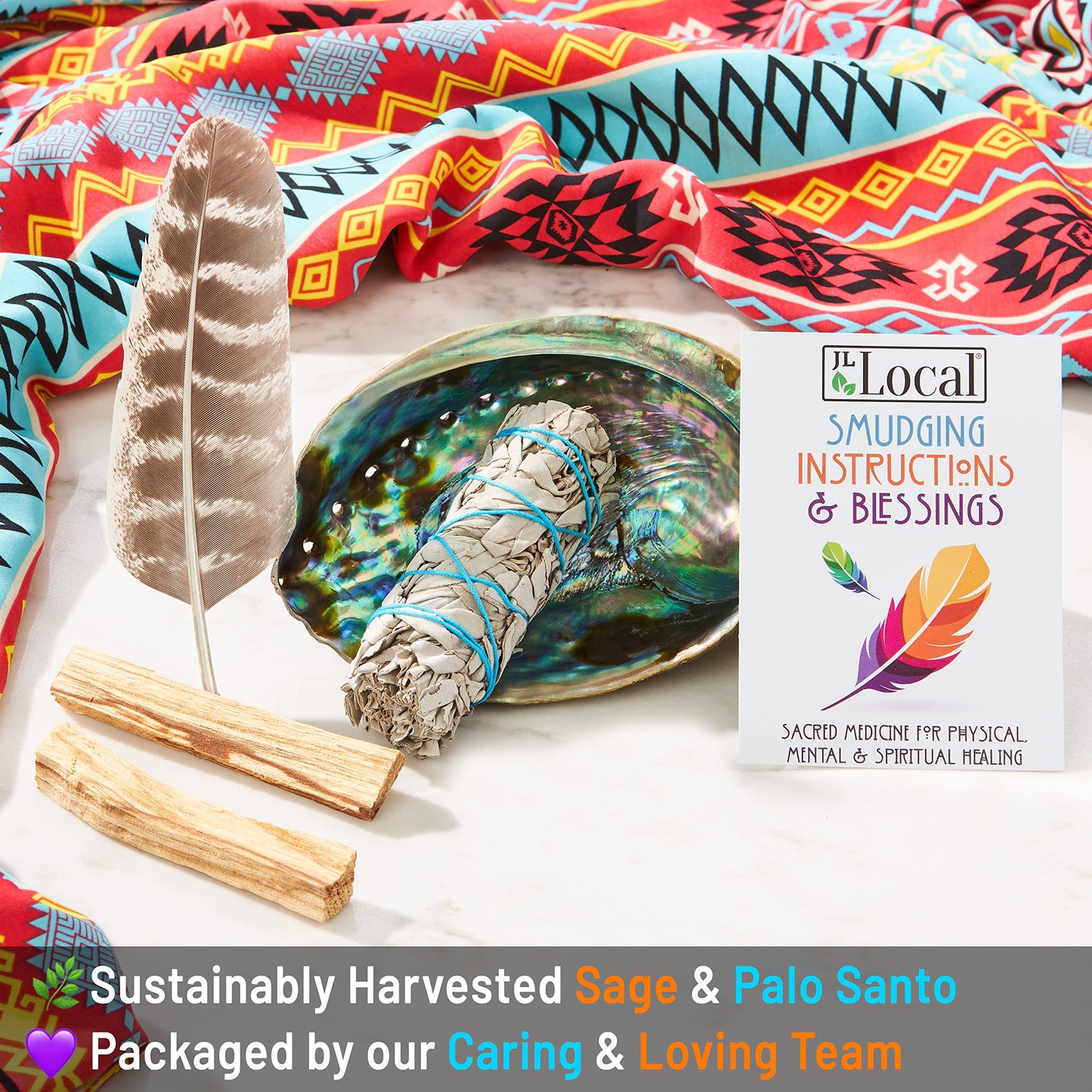 Smudge Kit - White Sage, Palo Santo, Abalone Shell, Smudging Feather, for Healing, Purifying, Meditating & Incense (Essentials)