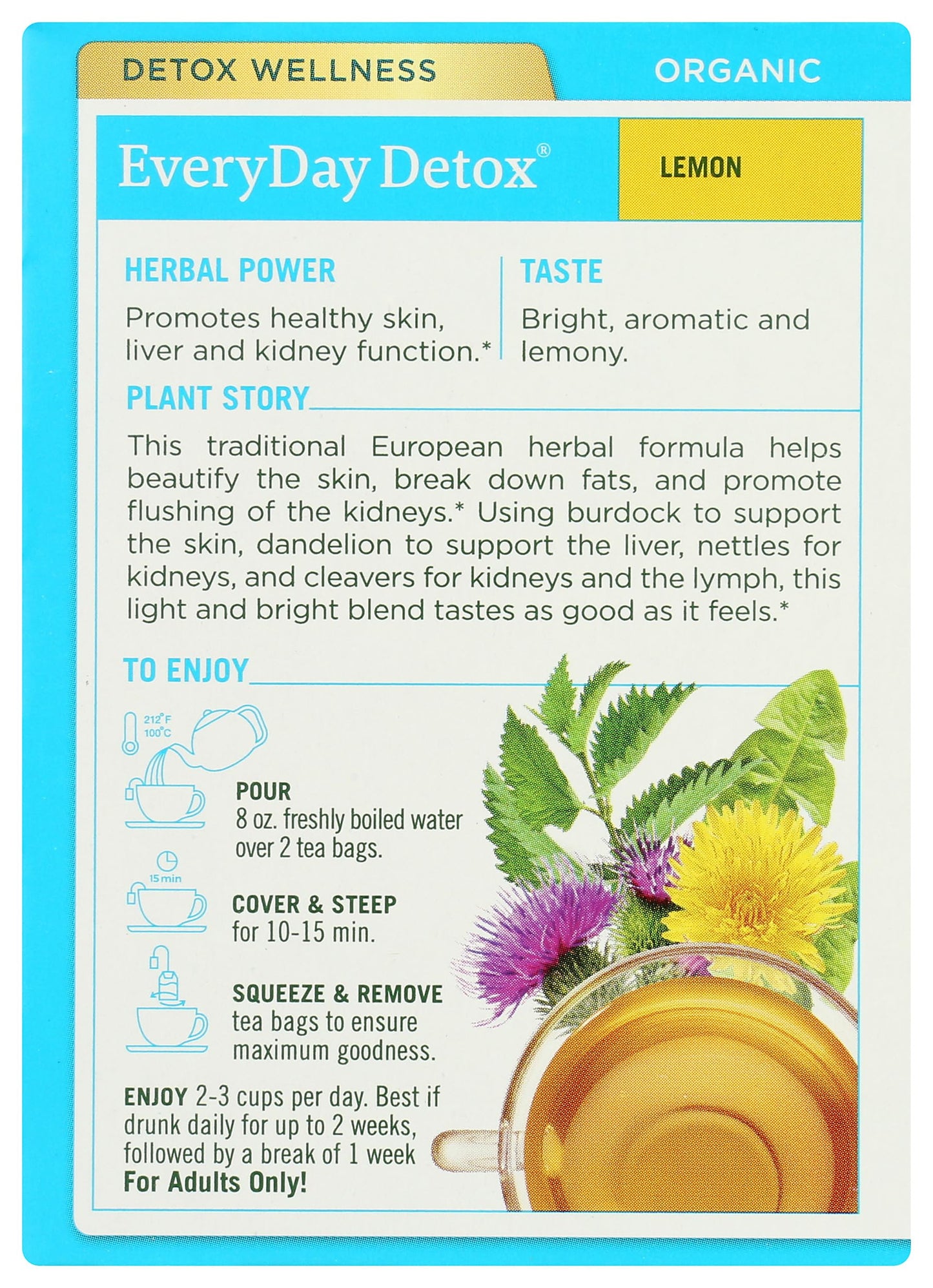 Traditional Medicinals Organic EveryDay Detox Lemon Herbal Tea, Supports Healthy Skin & Liver Function, (Pack of 1) - 16 Tea Bags