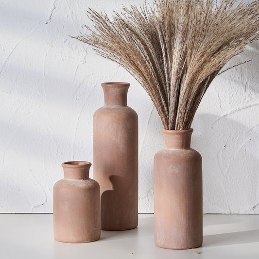 LUKA Ceramic Rustic Farmhouse Vase,Terracotta Vases for Decor,Vase Set of 3,Vase for Your Bedroom,Office,Living Room,Fireplace,Bookshelf Decor,Housewarming 10+7.5+5 Inch
