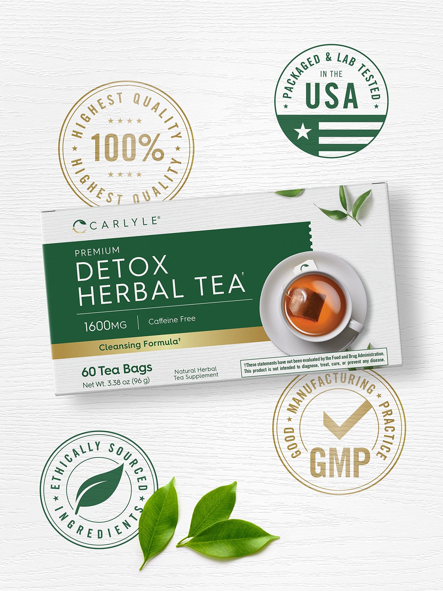 Carlyle Herbal Detox Tea | 60 Tea Bags | Caffeine Free | with Dandelion Root, Ginger Root, and Burdock Root | Vegetarian | Non-GMO & Gluten Free Herbal Blend