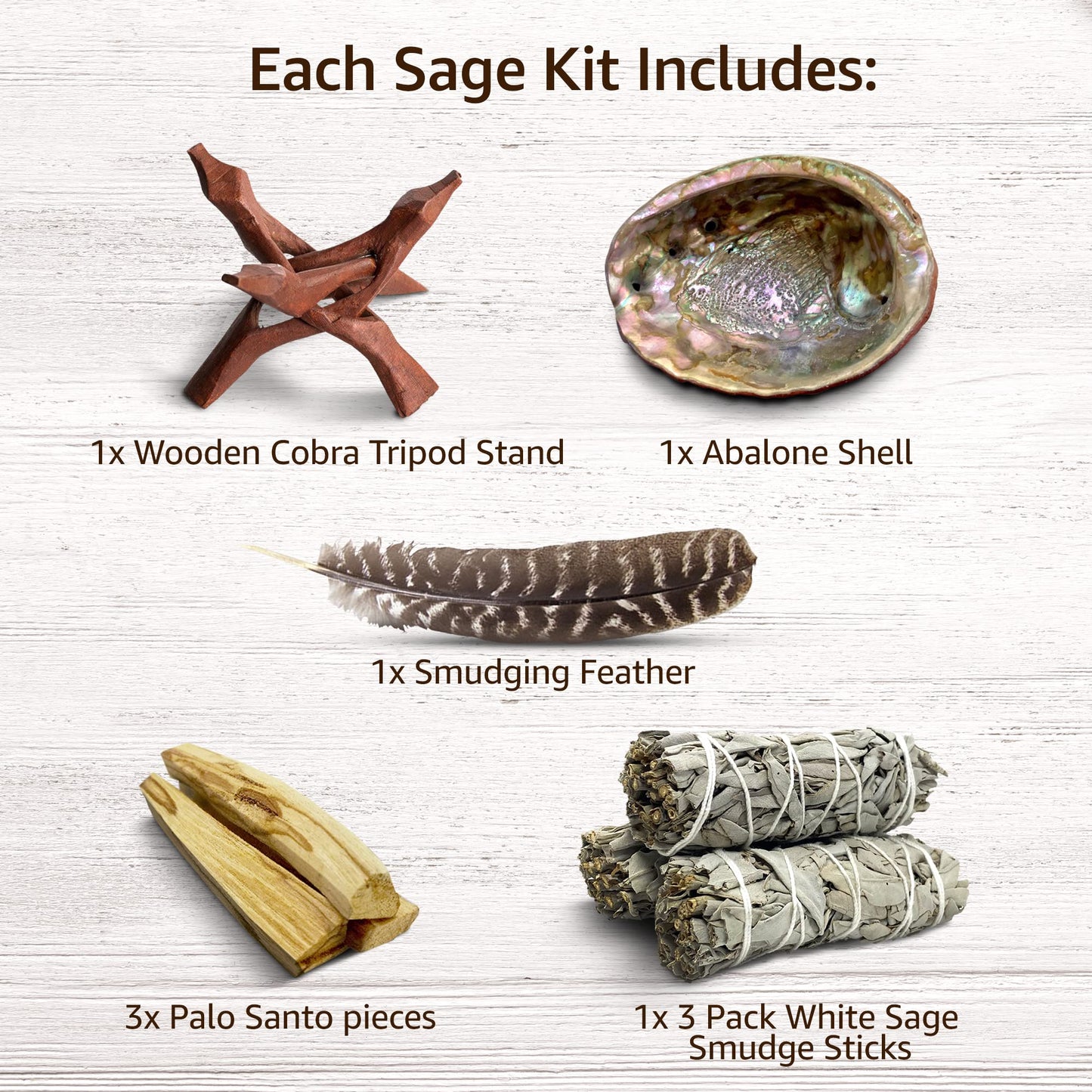 Age of Sage Smudge Kit - White Sage Incense Sticks, Palo Santo Pieces, Tripod Stand, Abalone Shell, Smudging Feather, Hand-Wrapped Sage Cleansing Bundle