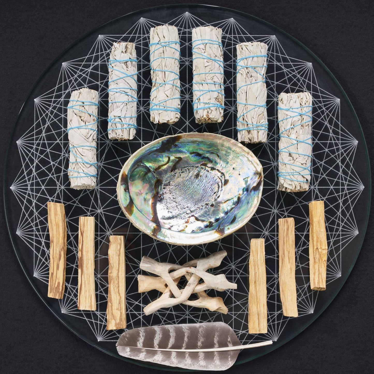 Sage Smudge Kit ~ 6 White Sage Bundles 4" ~ 6 Palo Santo Sticks 4-inch ~ Abalone Shell 5-6" & Tripod Stand ~ Instructions ~ Feather 7+ inch ~ Smudging Kit
