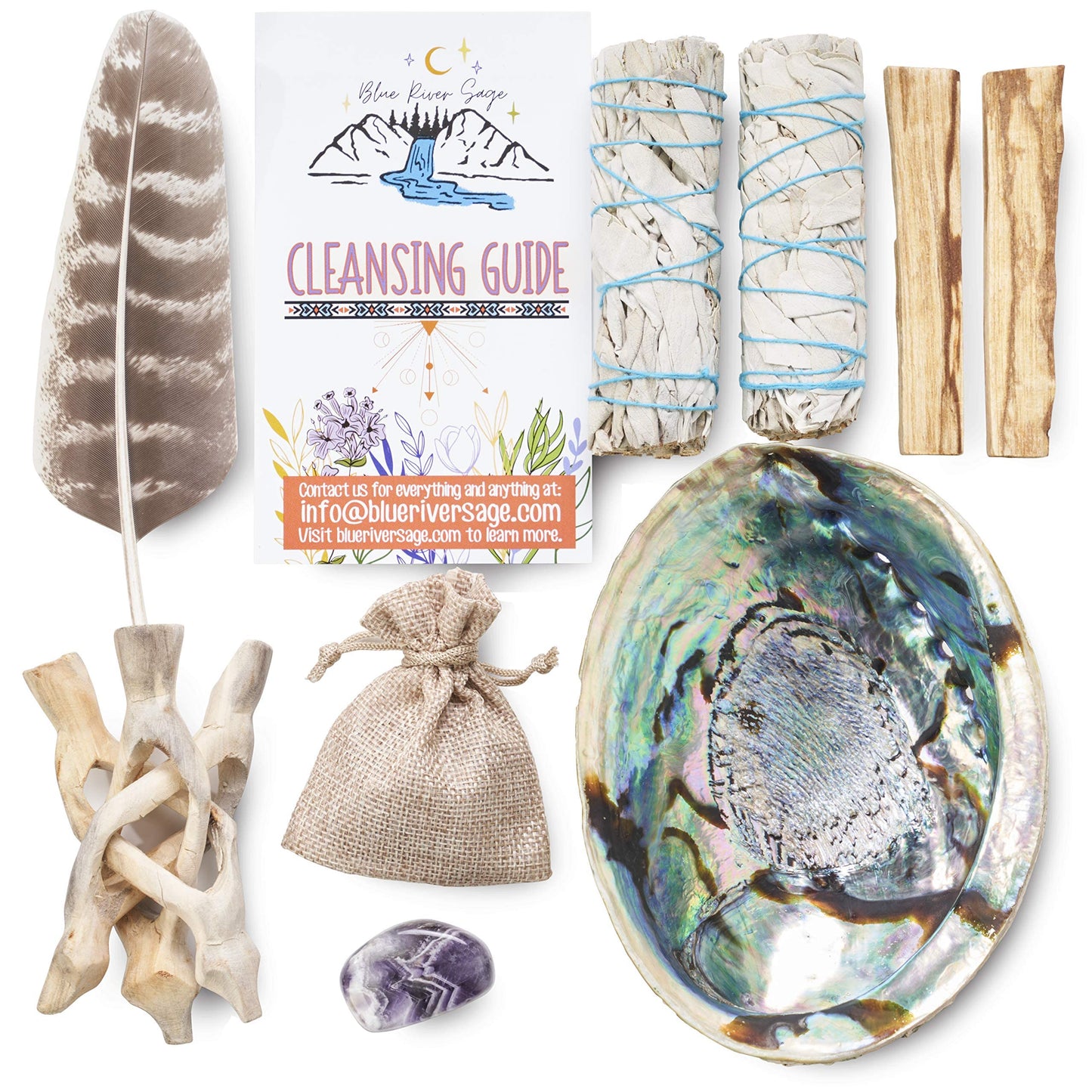Blue River Sage Smudging & Energy Cleansing Kit with Amethyst, White Sage, Palo Santo, Abalone Shell, Stand & Guide (Regular)