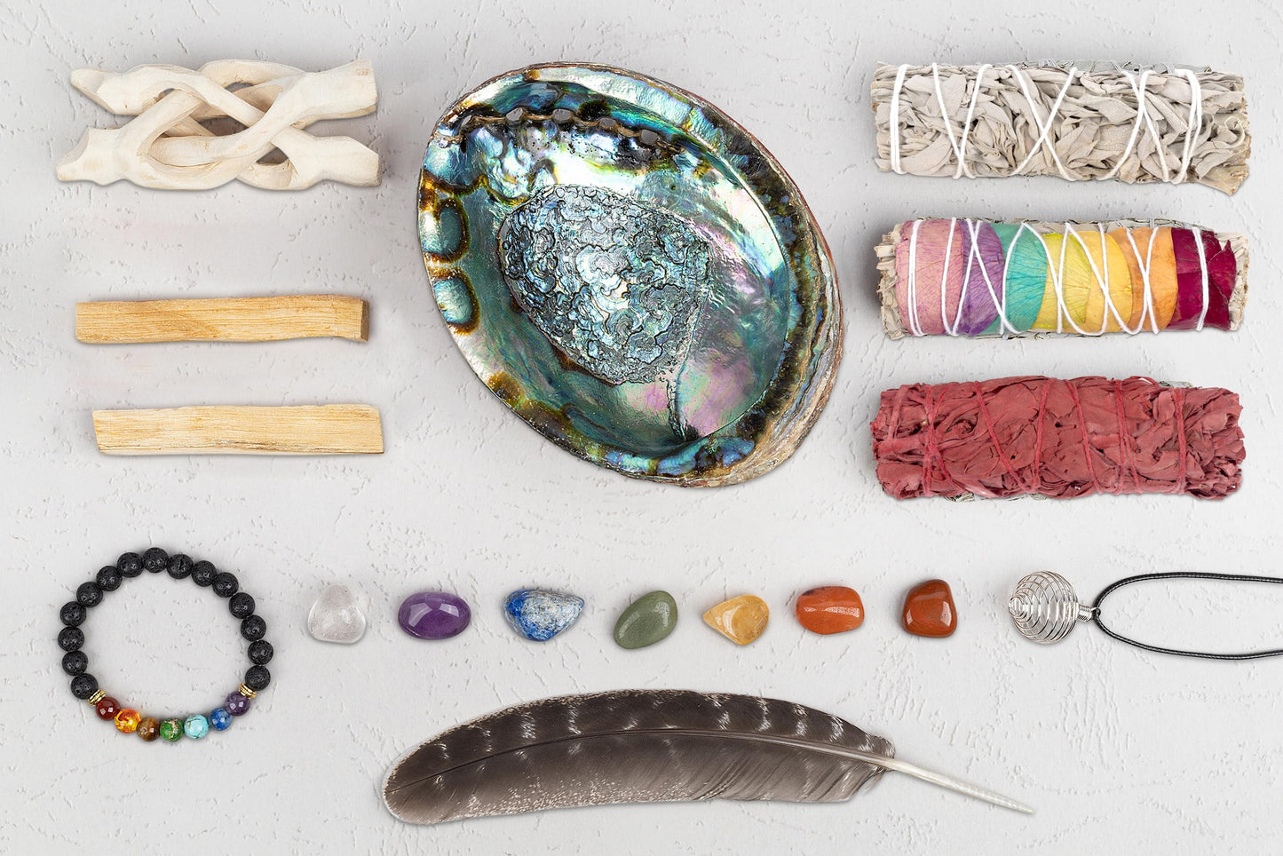 Wish Well Sage Smudge Kit ~ 4" Dragon Blood, Chakra Sage, White Sage Smudge Stick, 2 Palo Santo Sticks, Abalone Shell, Stand, Feather, 7 Chakra Stones & Crystal Bracelet ~ Cleansing House & Meditation