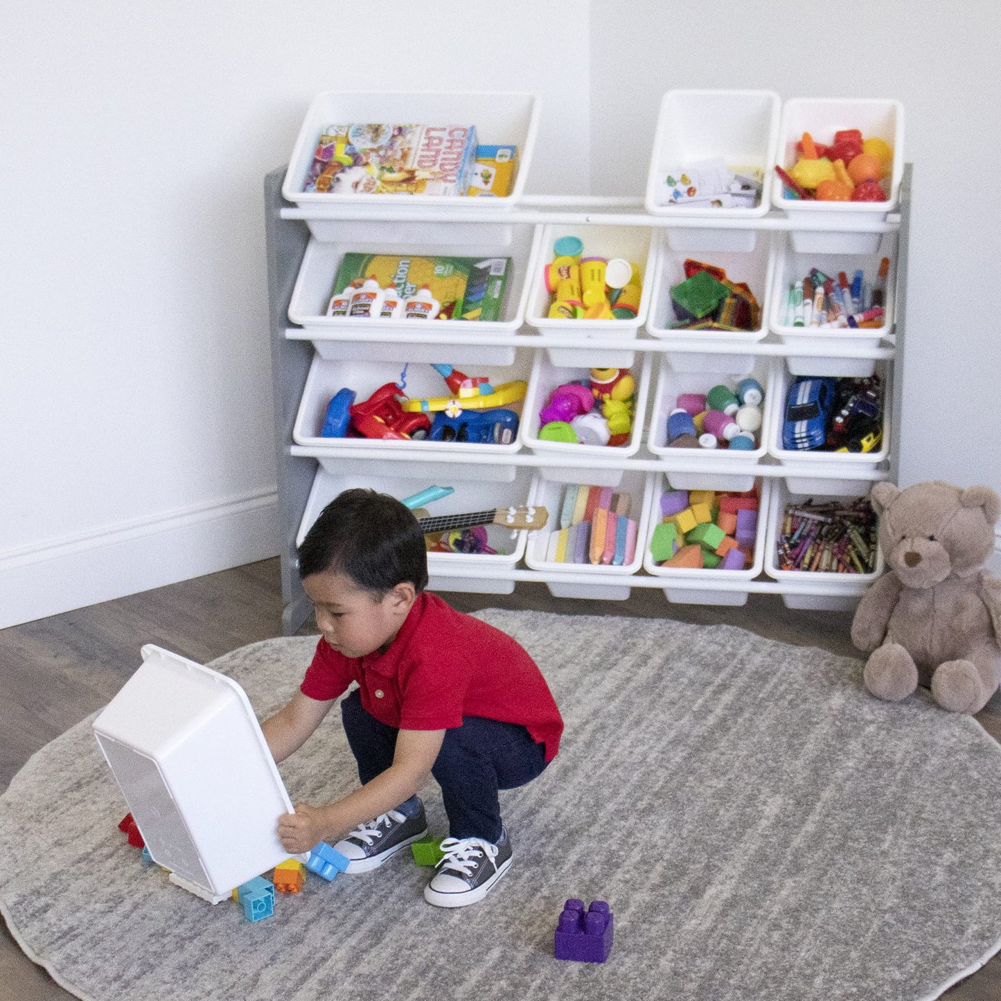 Humble Crew Supersized Toy Storage Organizer with 16 Removable Bins, Grey/White – Large Toy Storage for Toddlers Ideal for Kids' Rooms, Playrooms, and Nurseries - Modern Toy Bins for Kids